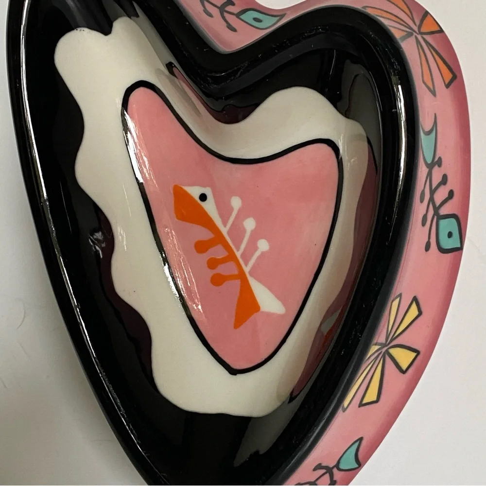 Heart Shaped Cat Bowl Food Pink Ceramic Fish Bones Hand Painted Karherine’s Coll